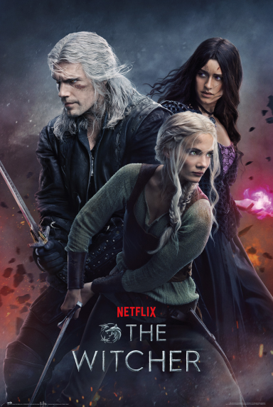 Witcher Season 3 Geralt, Ciri, and Yennefer from "The Witcher" stand ready with swords, in a dark fantasy setting.