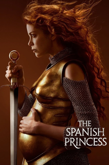 The Spanish Princess A woman in golden armour, holding a sword, with long red hair and a pregnant belly.